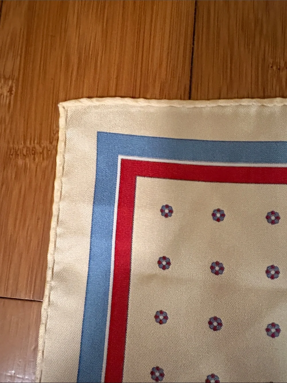 Dior Vintage Cream Silk Pocket Square with Blue and Red Border 15” X 15”